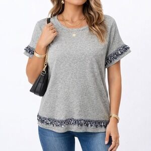 Banana Republic Women's Grey T Shirt Blue Embellished Fringe Sequins Boho Top XS